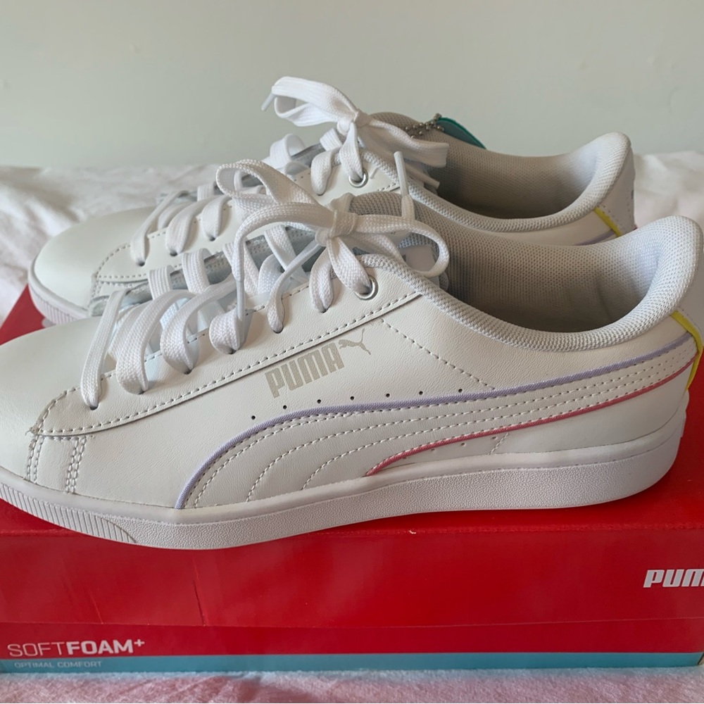 Puma White Leather Sneakers with Pastel Purple, Pink and Yellow Accents